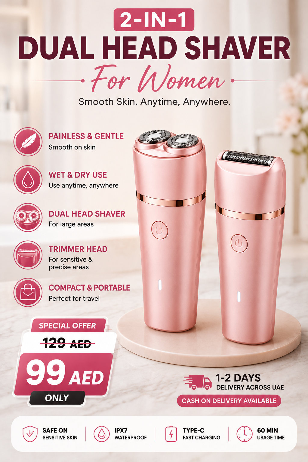 SmoothGlide™ 2-in-1 Women’s Electric Shaver | Gentle Hair Removal