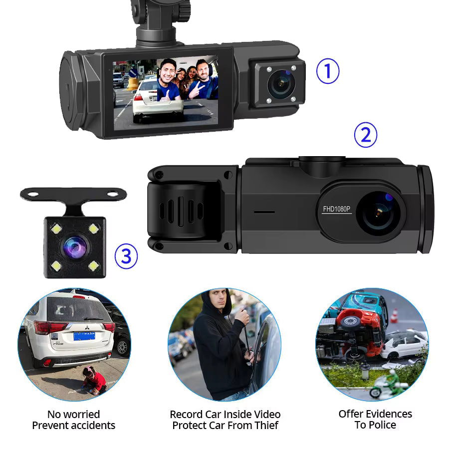 Three Lens Night Vision Car Dash Cam with DVR